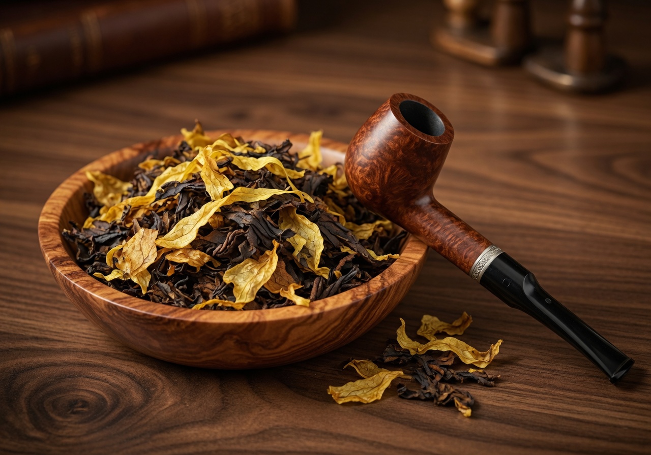 Premium pipe tobacco flakes and a pipe in elegant arrangement